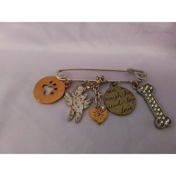 Chico's Angel Dog Brooch Pin with Charms Mixed Metals, Rhinestone, Bone & Wings - Picture 1 of 3
